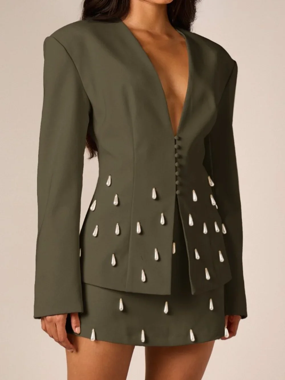 Army Green Elegant Women's Pearl Embellished Applique Low Rise Mini Skirt